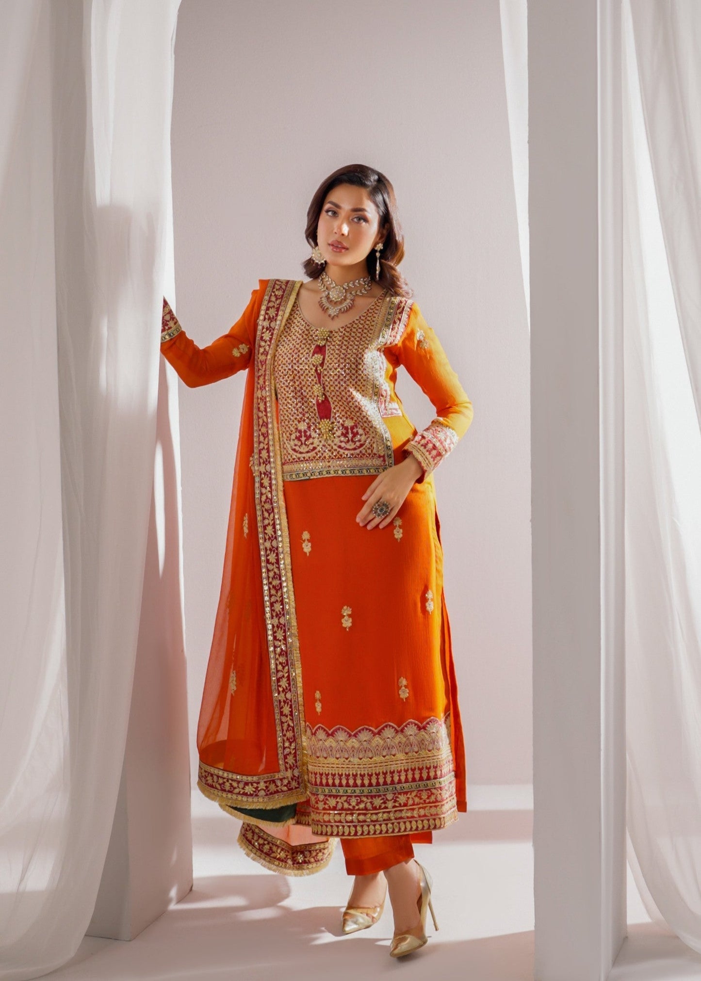 Ladies Embroidered Rust Orange Party Wear Suit Online in UK USA Canada