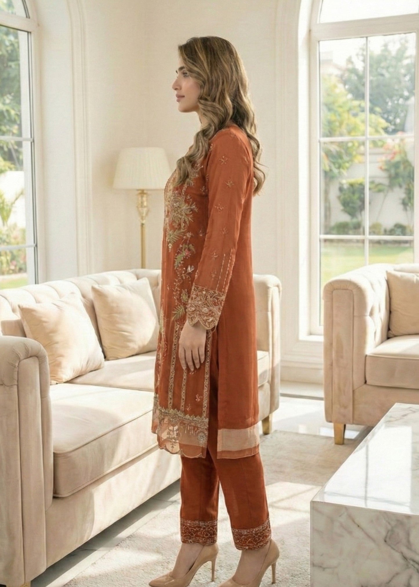 Ladies Embroidered Rust Orange Raw Silk Kurta Online in UK USA Canada