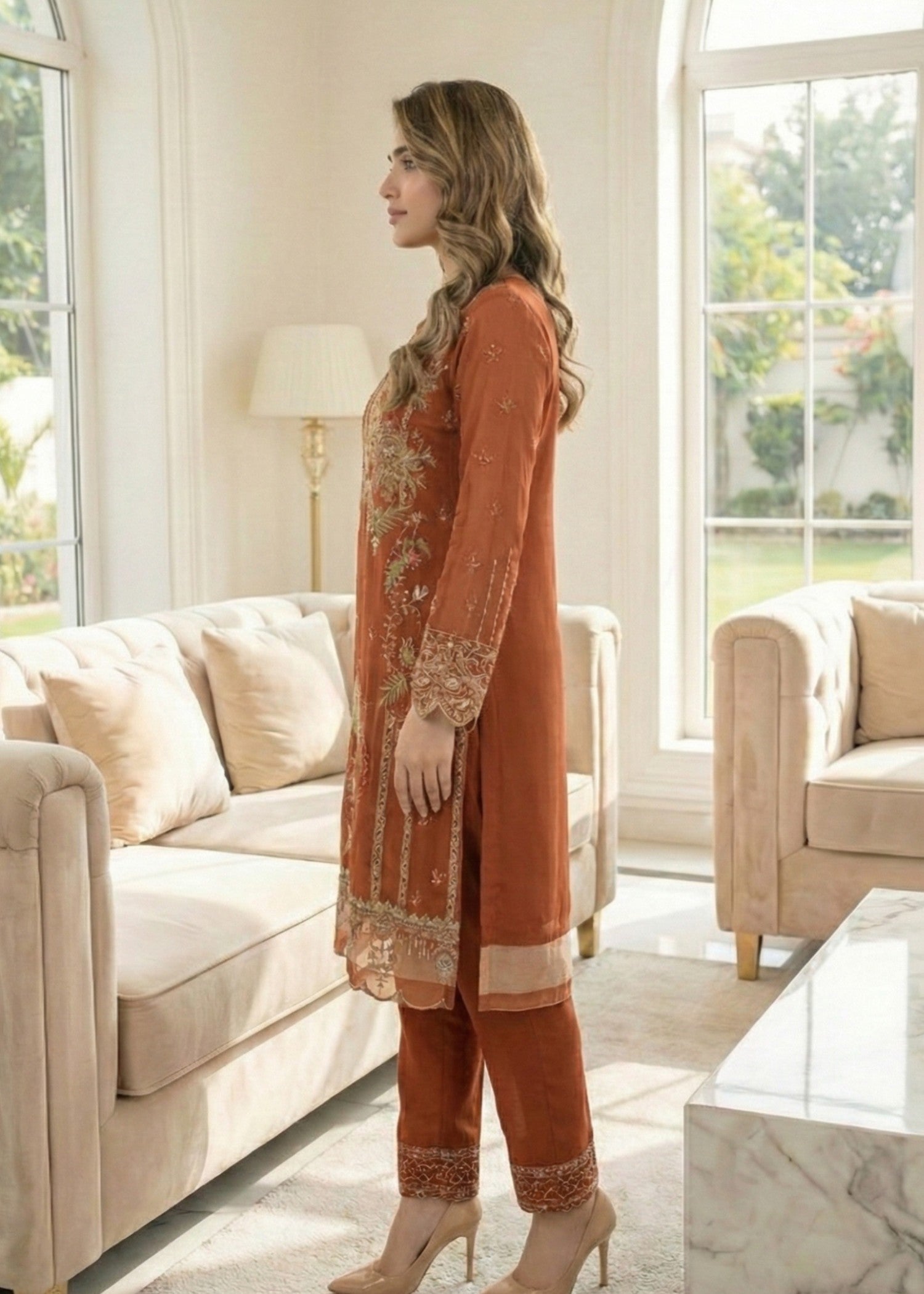 Ladies Embroidered Rust Orange Raw Silk Kurta Online in UK USA Canada