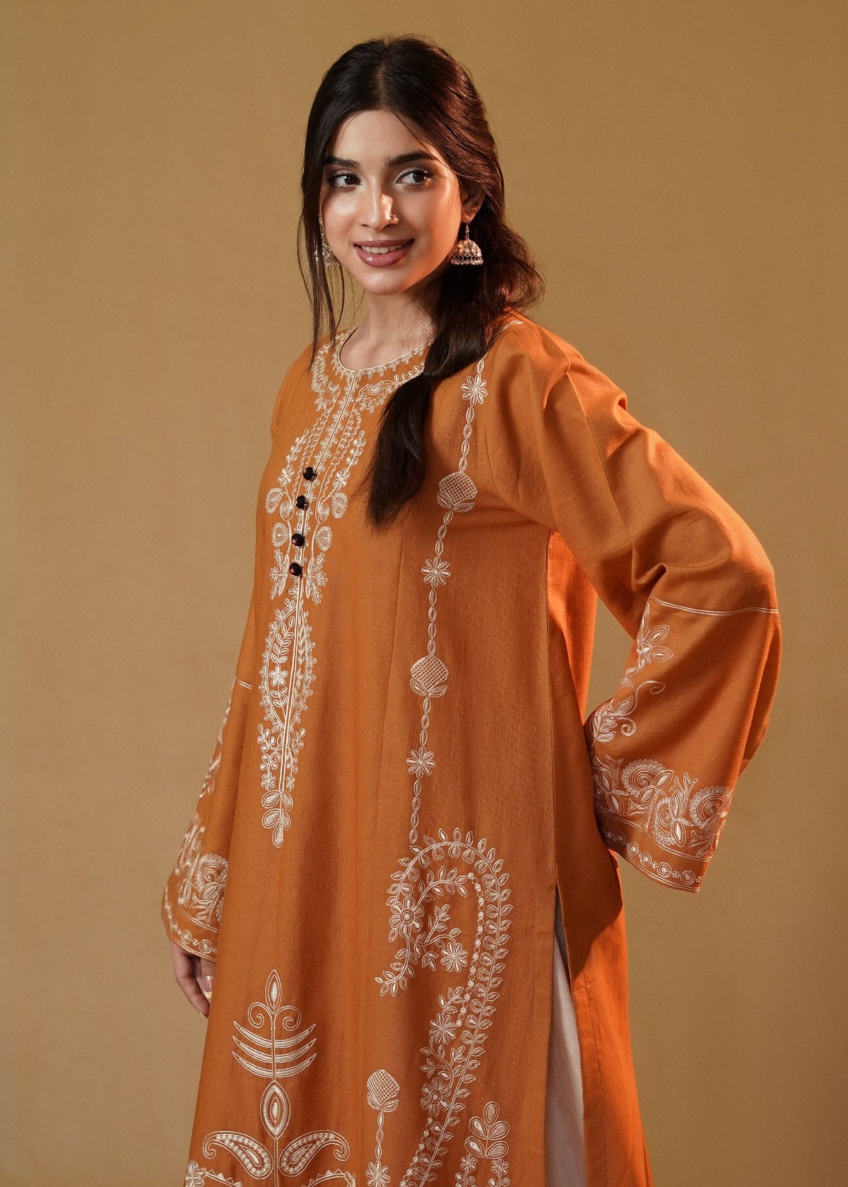 Ladies Embroidered Rust Orange Slub Khaddar Kurta Set Online in UK USA Canada