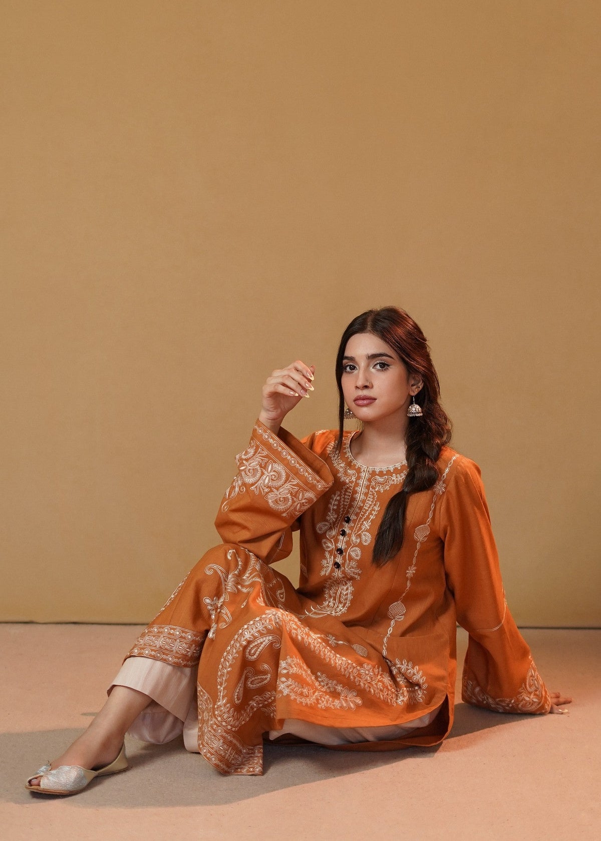 Ladies Embroidered Rust Orange Slub Khaddar Kurta Set Online in UK USA Canada