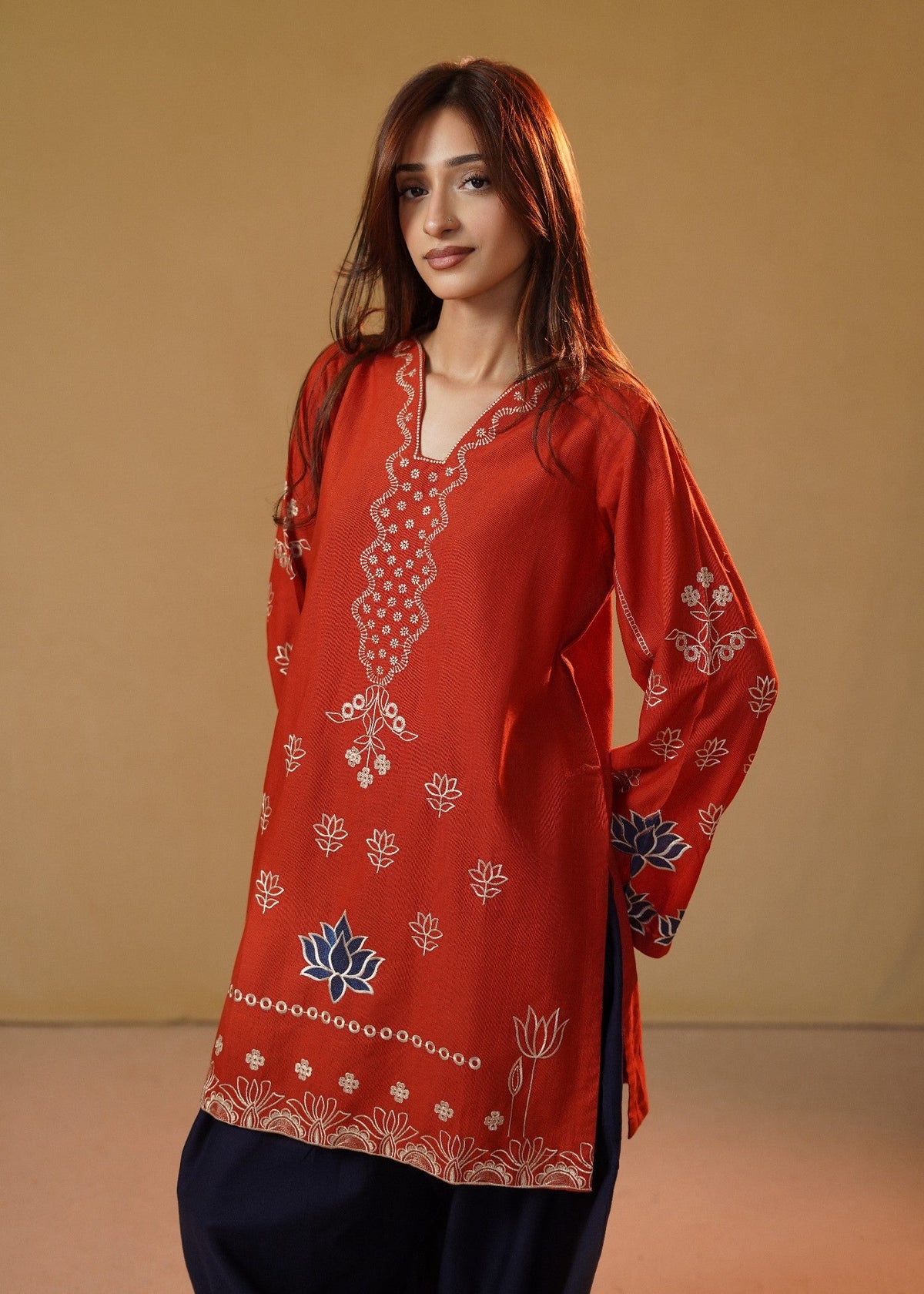 Ladies Embroidered Rust Orange Slub Khaddar Online in UK USA Canada