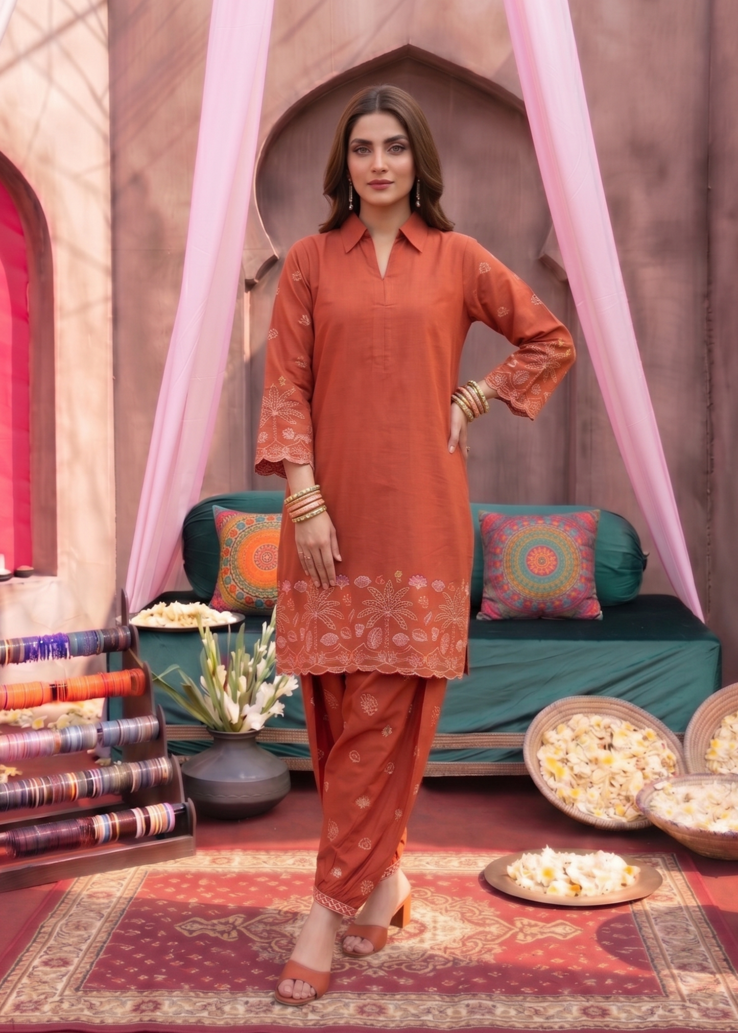Ladies Embroidered Rust Red Salwar Kameez Online in UK USA Canada