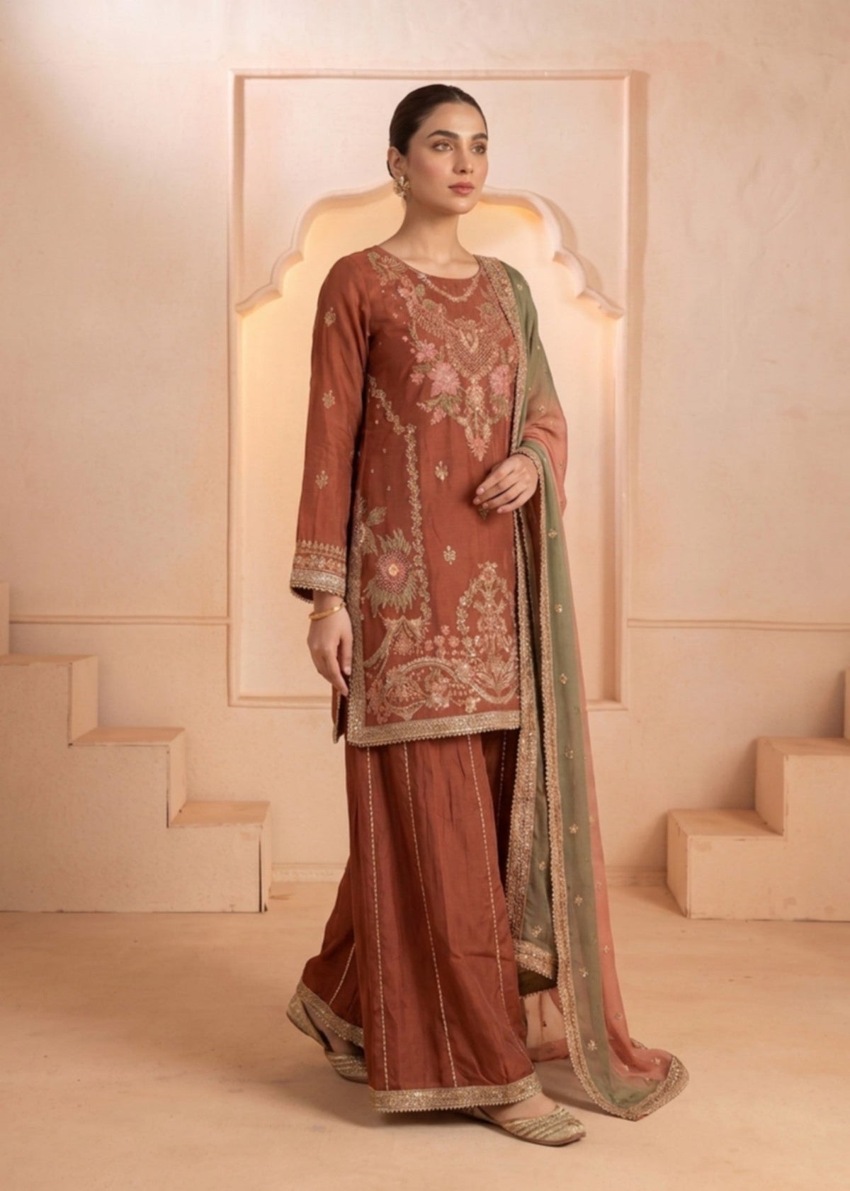 Ladies Embroidered Rust Red Sharara Online in UK USA Canada