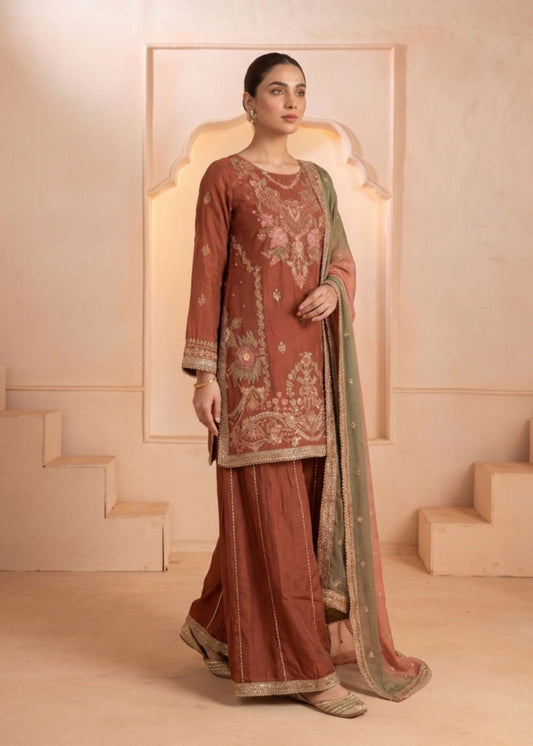 Ladies Embroidered Rust Red Sharara Online in UK USA Canada