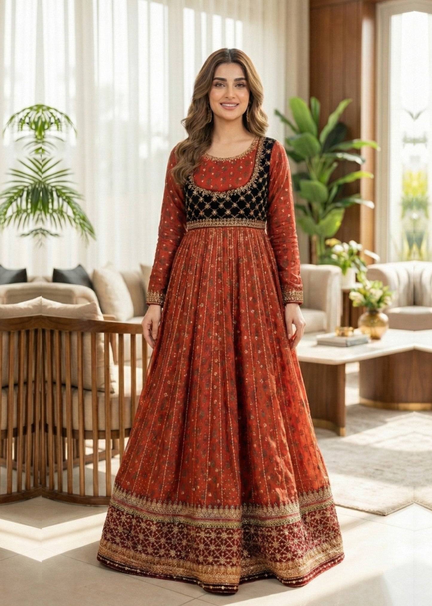 Ladies Embroidered Rustic Brown Organza Dupatta Suit Online in UK USA Canada