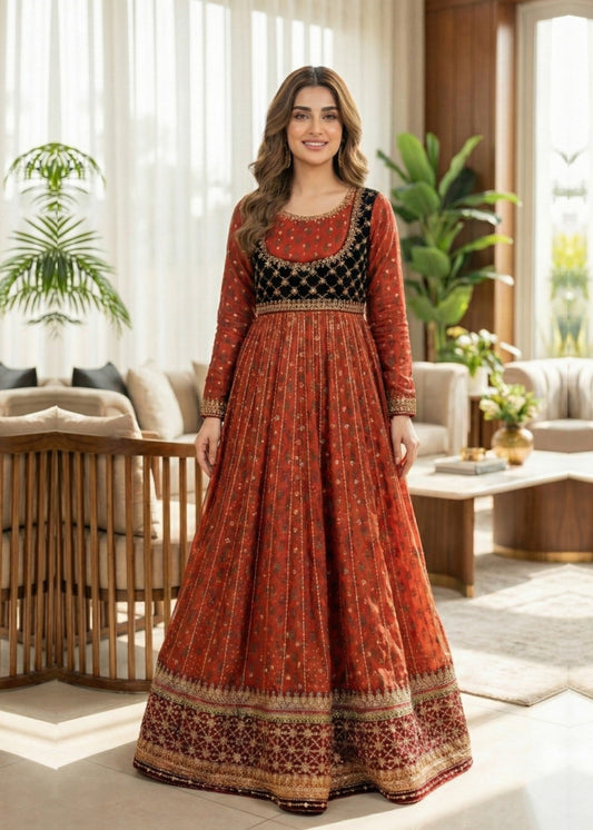 Ladies Embroidered Rustic Brown Organza Dupatta Suit Online in UK USA Canada
