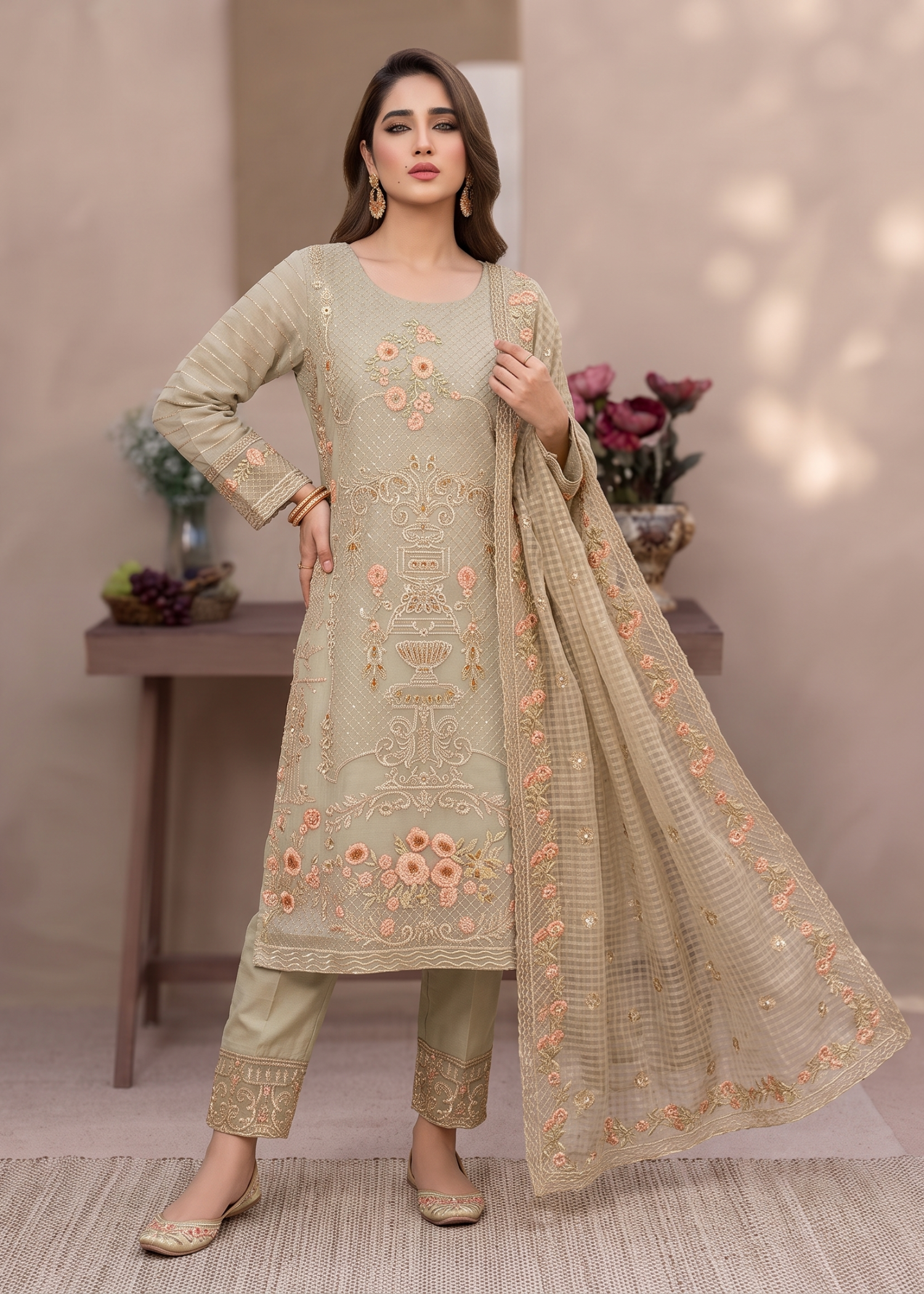 Ladies Embroidered Sage Green Festive Suit Online in UK USA Canada