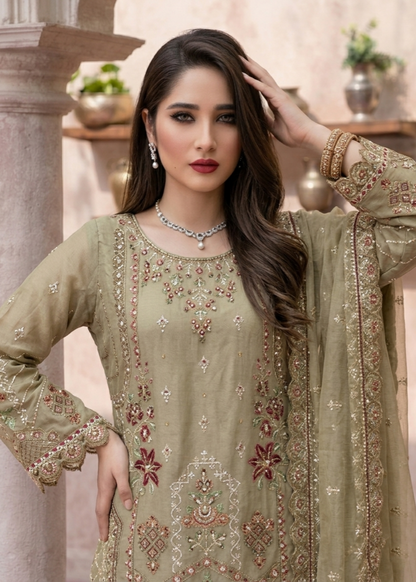 Ladies Embroidered Sage Green Organza Suit Online in UK USA Canada