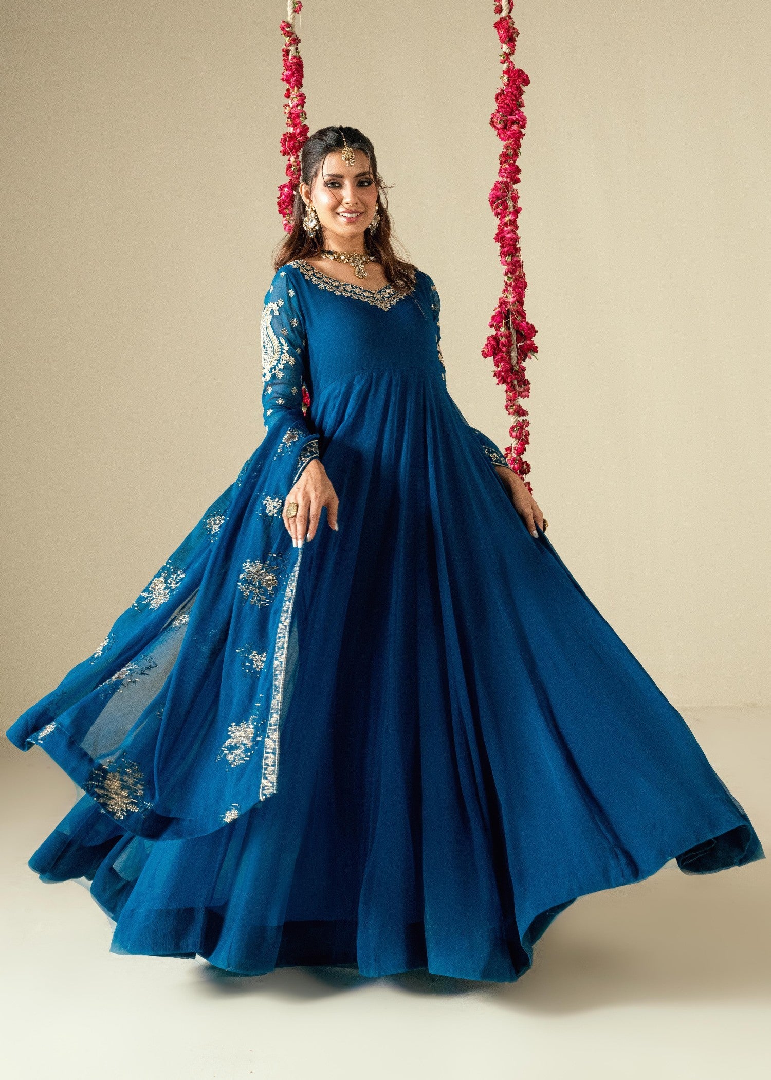 Ladies Embroidered Sapphire Blue Maxi Dress Online in UK USA Canada