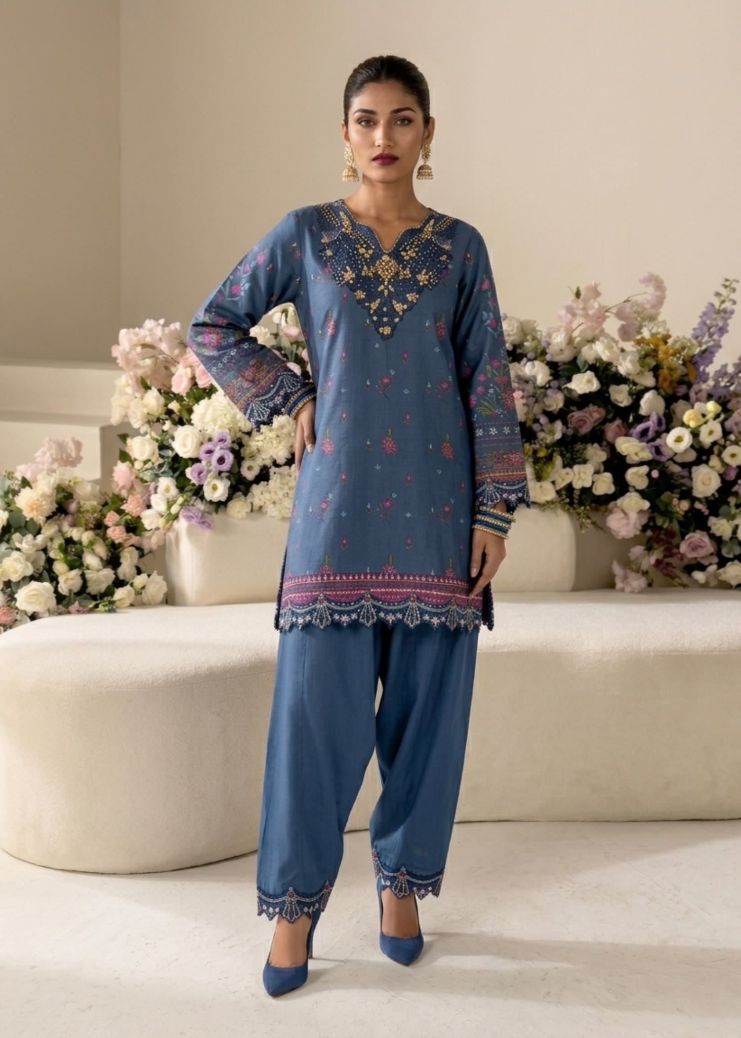 Ladies Embroidered Sapphire Blue Raw Silk Shalwar Kameez Online in UK USA Canada