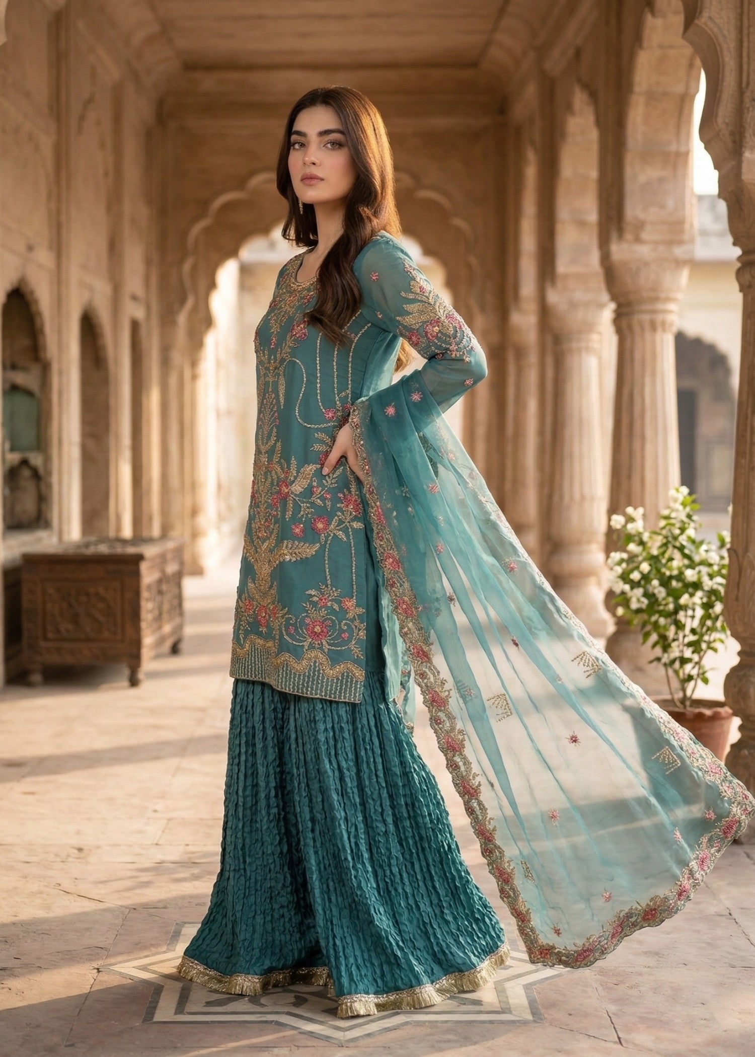 Ladies Embroidered Sea Green Gharara Kurta Set Online in UK USA Canada
