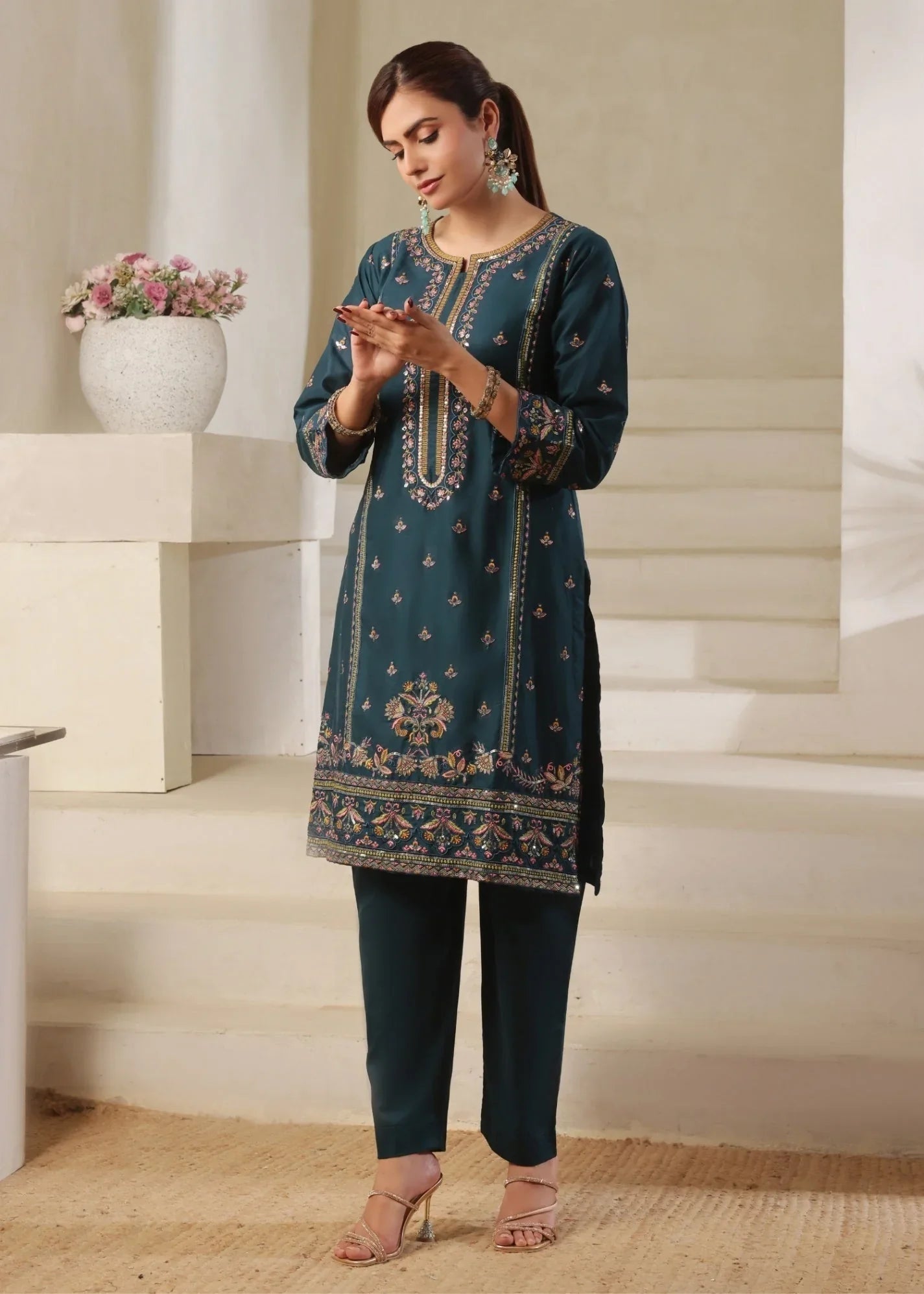 Ladies Embroidered Sea Green Lawn Kurta Set Online in UK USA Canada