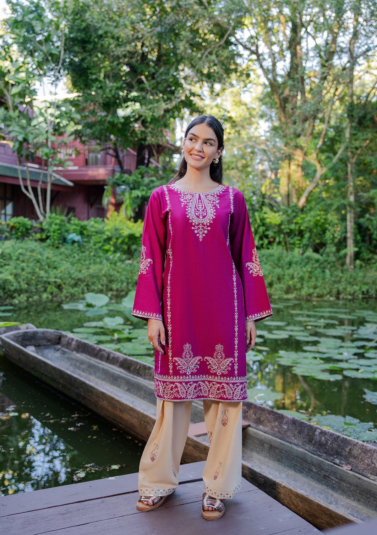 Ladies Embroidered Shocking Pink Khaddar Kurta Set Online in UK USA Canada