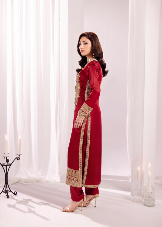 Ladies Embroidered Silk Blood Red Suit Online in UK USA Canada