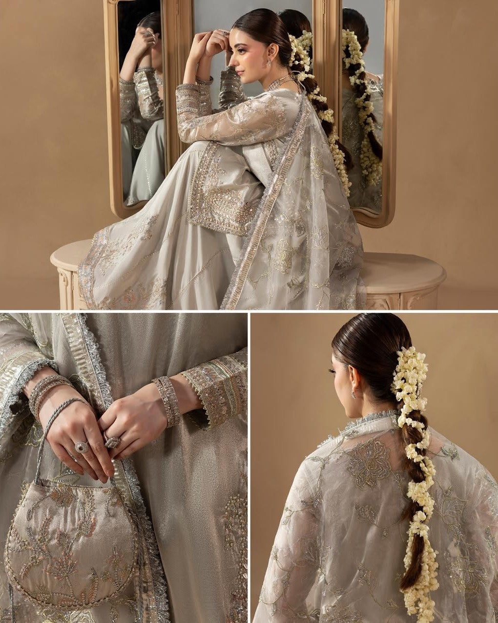 Ladies Embroidered Silver Silk Sharara Suit Online in UK USA Canada