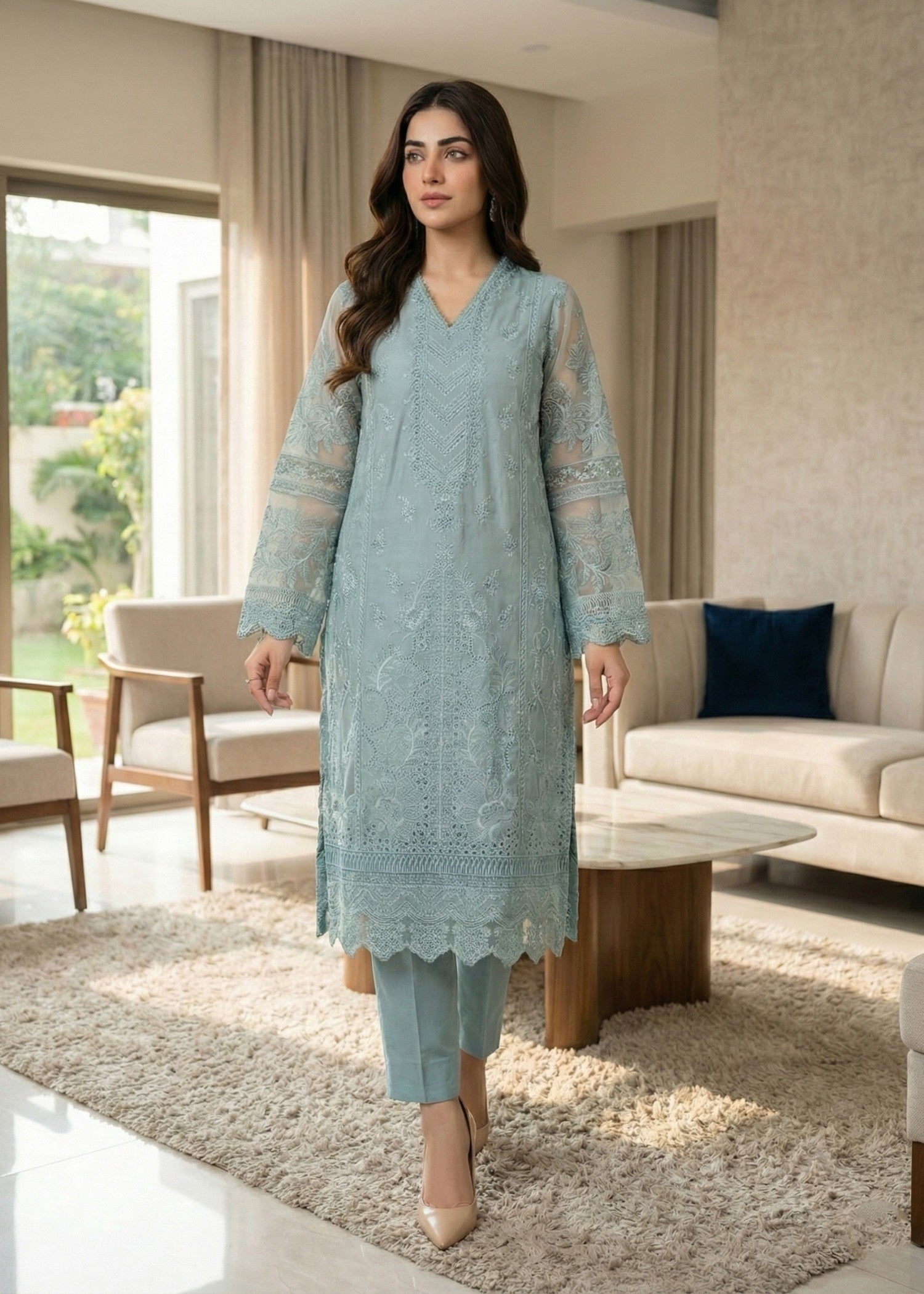 Ladies Embroidered Sky Blue Cotton Shalwar Kameez Online in UK USA Canada