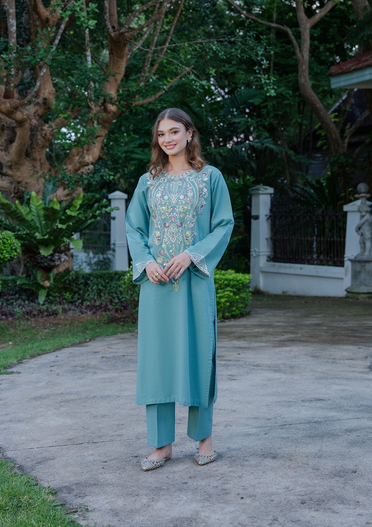 Ladies Embroidered Sky Blue Khaddar Kurta Set Online in UK USA Canada