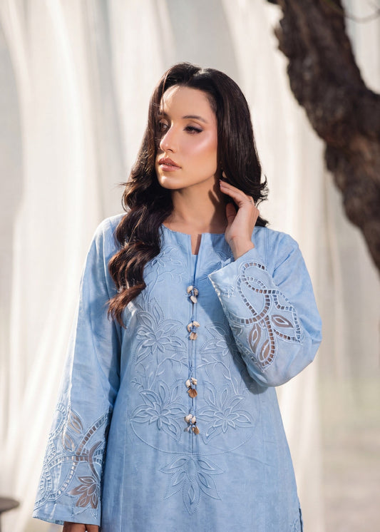 Ladies Embroidered Sky Blue Lawn Kurta Online in UK USA Canada