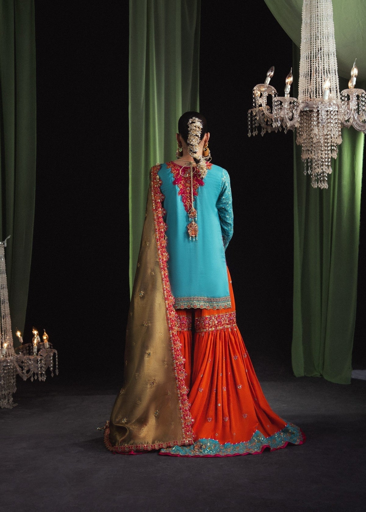 Ladies Embroidered Sky Blue Tussar Silk Gharara Online in UK USA Canada