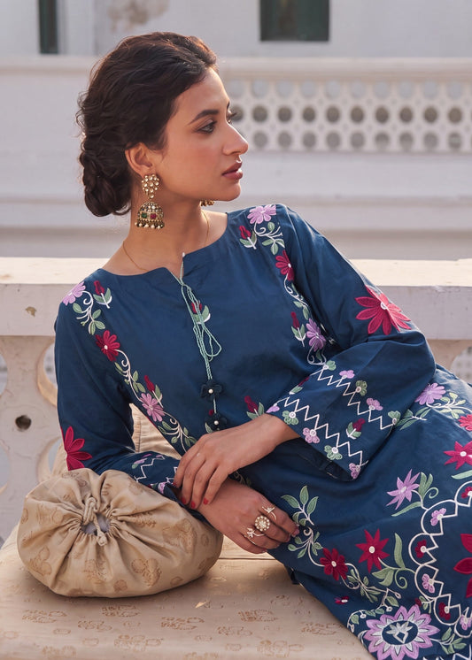 Ladies Embroidered Steel Blue Kurta Pajama Online in UK USA Canada