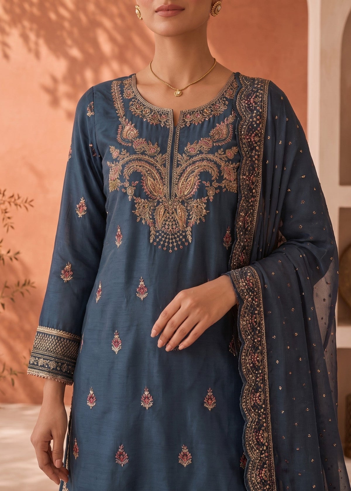 Ladies Embroidered Steel Blue Raw Silk Sharara Gharara Online in UK USA Canada
