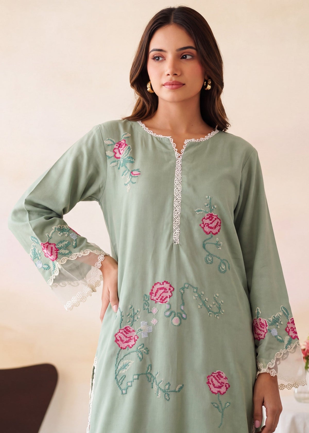 Ladies Embroidered Tea Green Dhanak Kurta Set Online in UK USA Canada