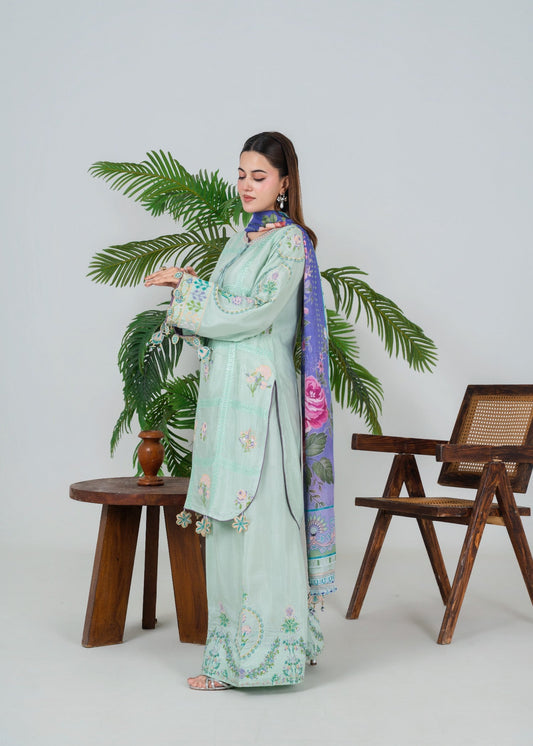Ladies Embroidered Tea Green Silk Kurta Pajama Online in UK USA Canada