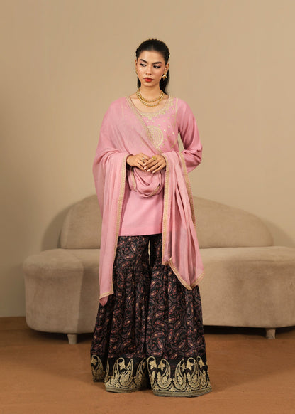 Ladies Embroidered Tea Rose Pink Cotton Gharara Online in UK USA Canada