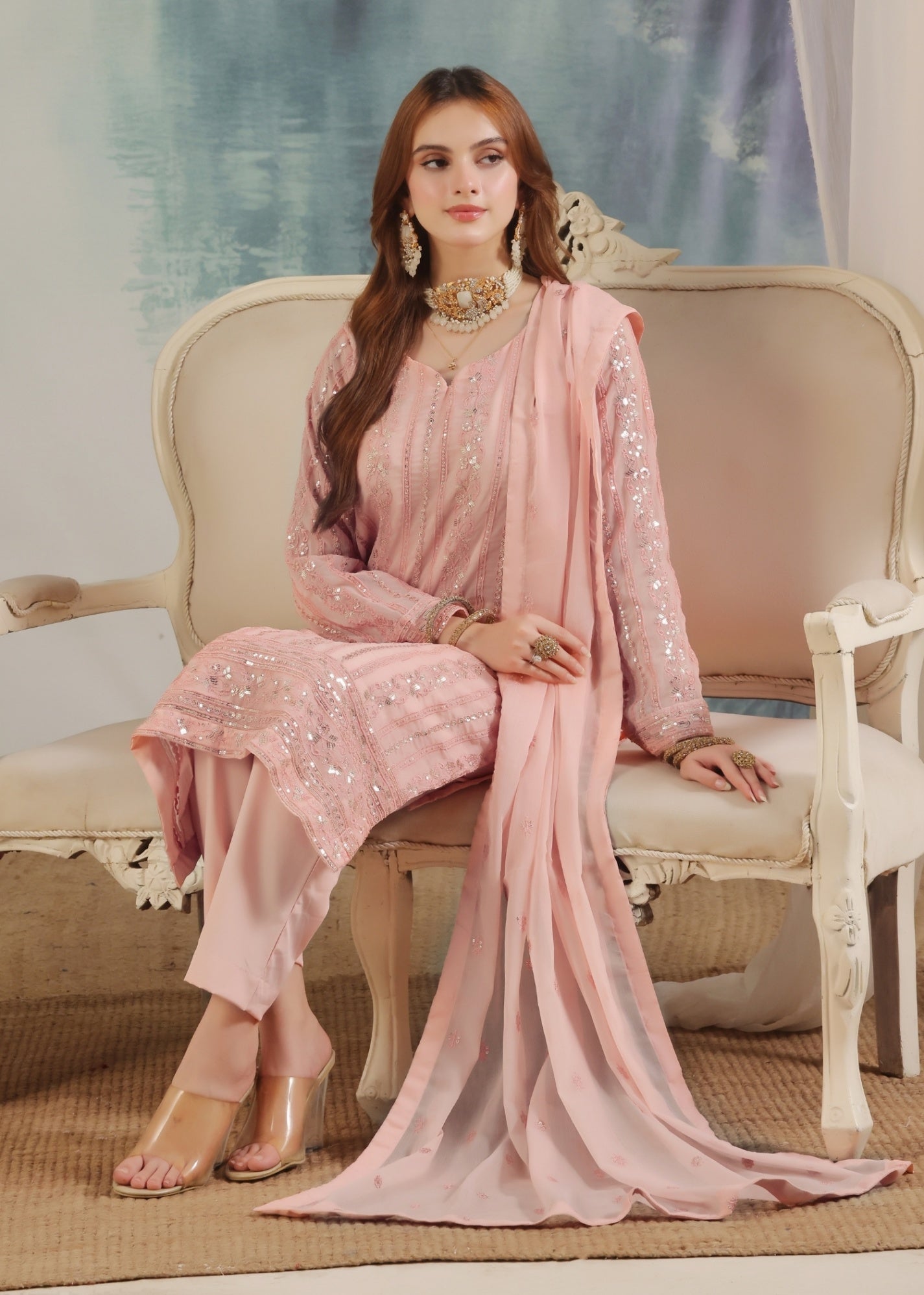Ladies Embroidered Tea Rose Pink Shalwar Kameez Online in UK USA Canada
