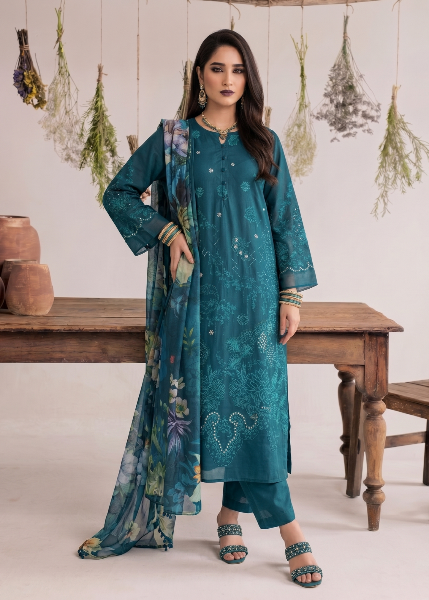 Ladies Embroidered Teal Cotton Shalwar Kameez Online in UK USA Canada