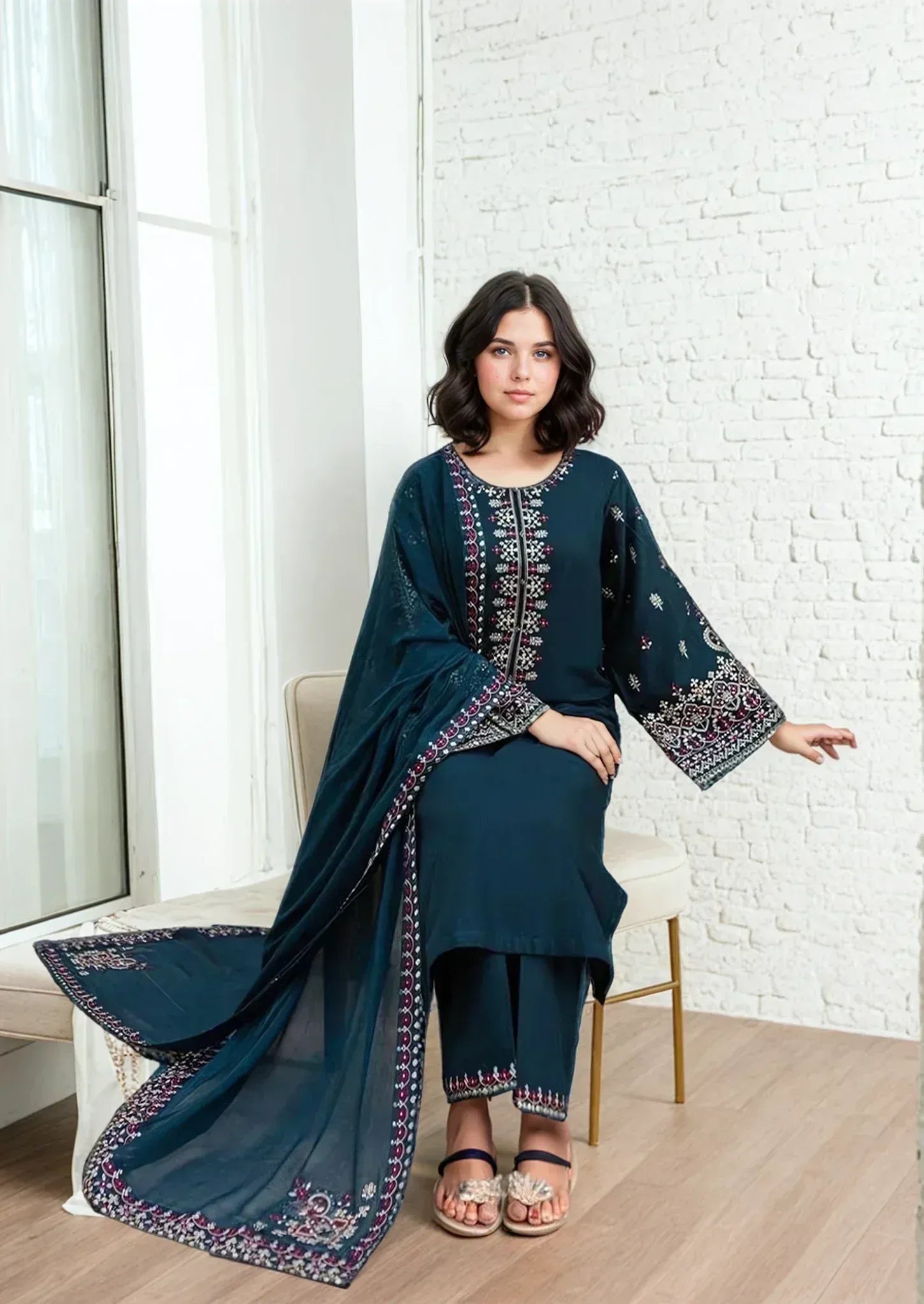 Ladies Embroidered Teal Cotton Suit Online in UK USA Canada