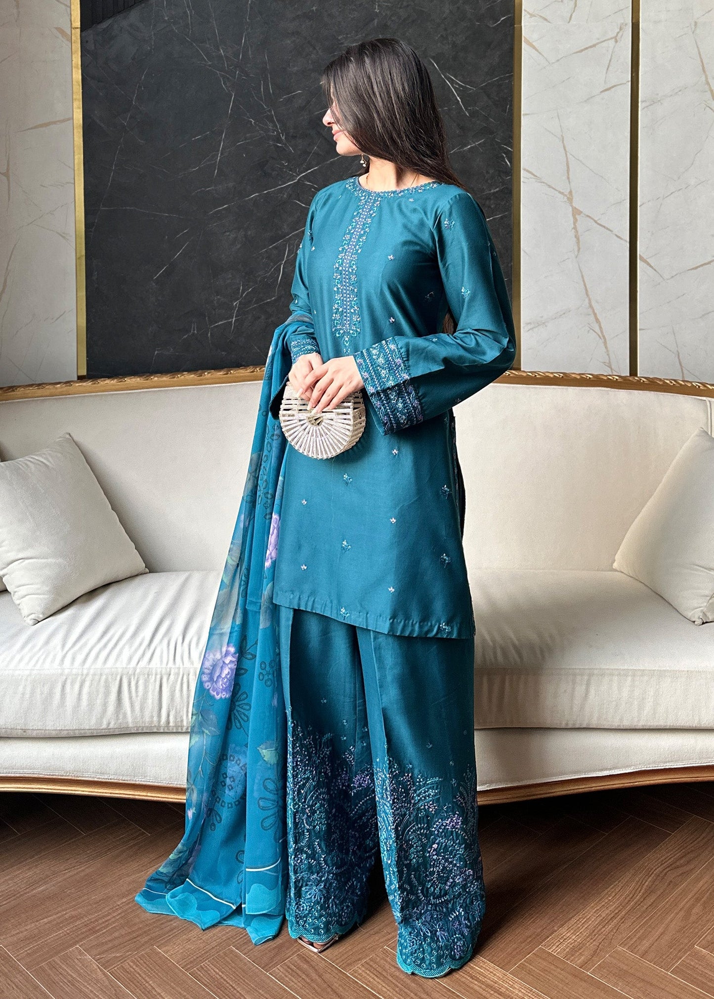 Ladies Embroidered Teal Lawn 3 Piece Suit Online in UK USA Canada