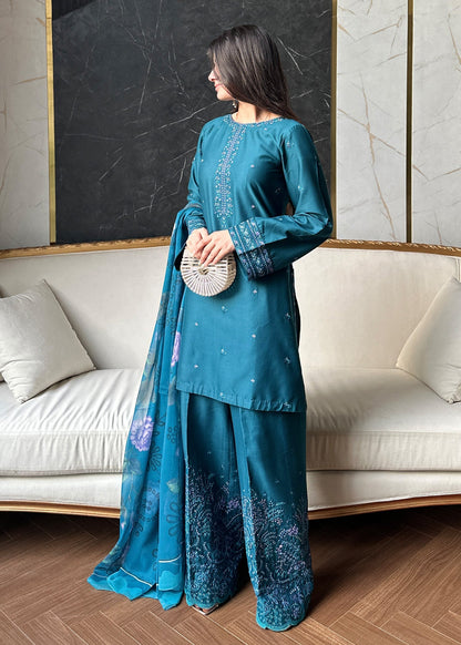 Ladies Embroidered Teal Lawn 3 Piece Suit Online in UK USA Canada