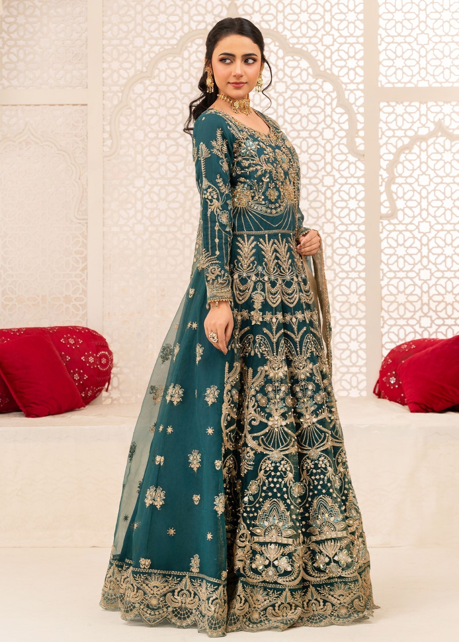 Ladies Embroidered Teal Organza Partywear Suit Online in UK USA Canada