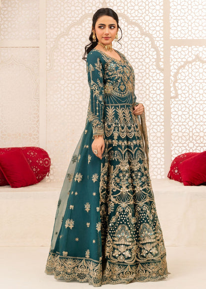 Ladies Embroidered Teal Organza Partywear Suit Online in UK USA Canada