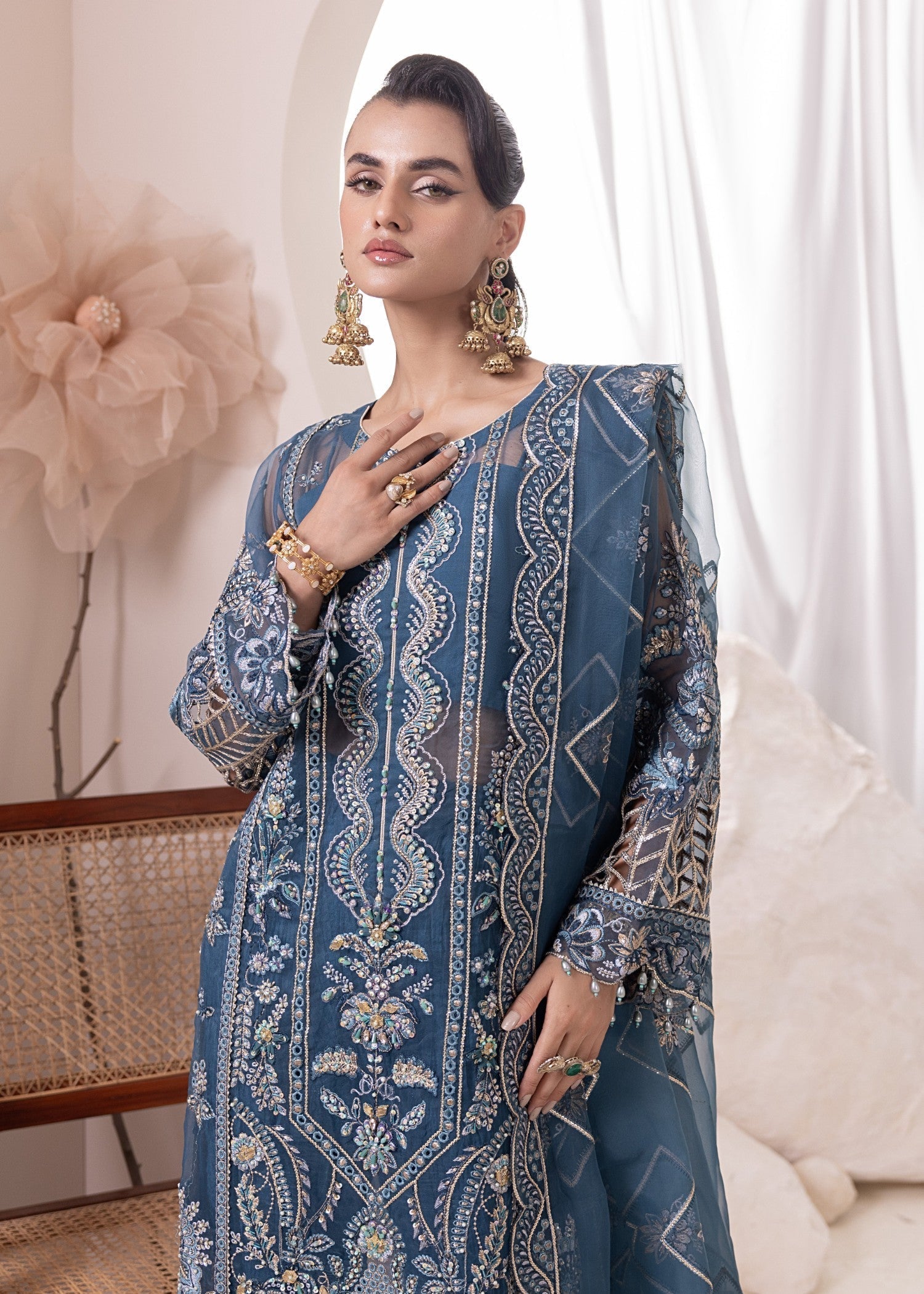 Ladies Embroidered Teal Raw Silk Sharara Suit Online in UK USA Canada