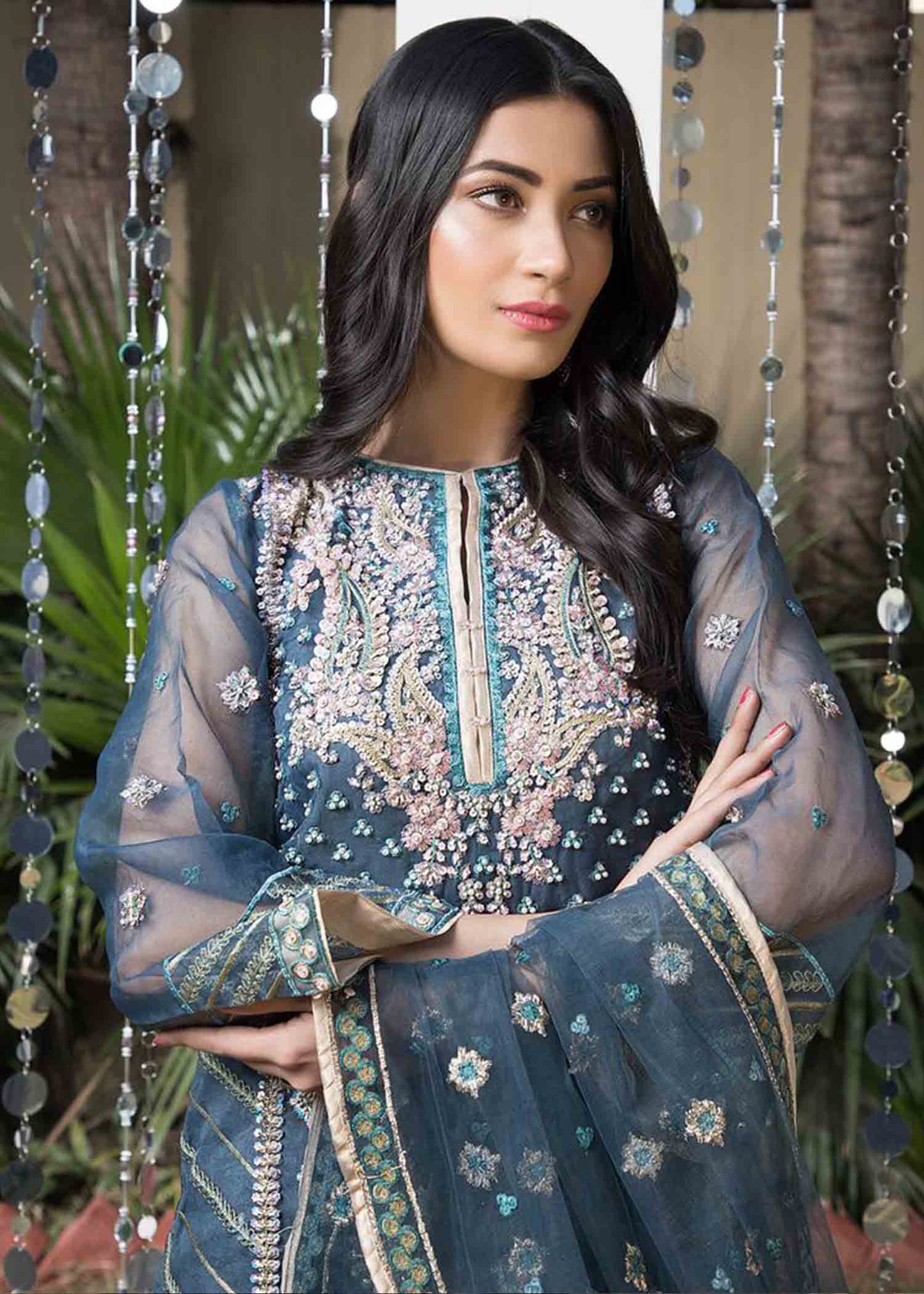 Ladies Embroidered Teal Raw Silk Suit Online in UK USA Canada