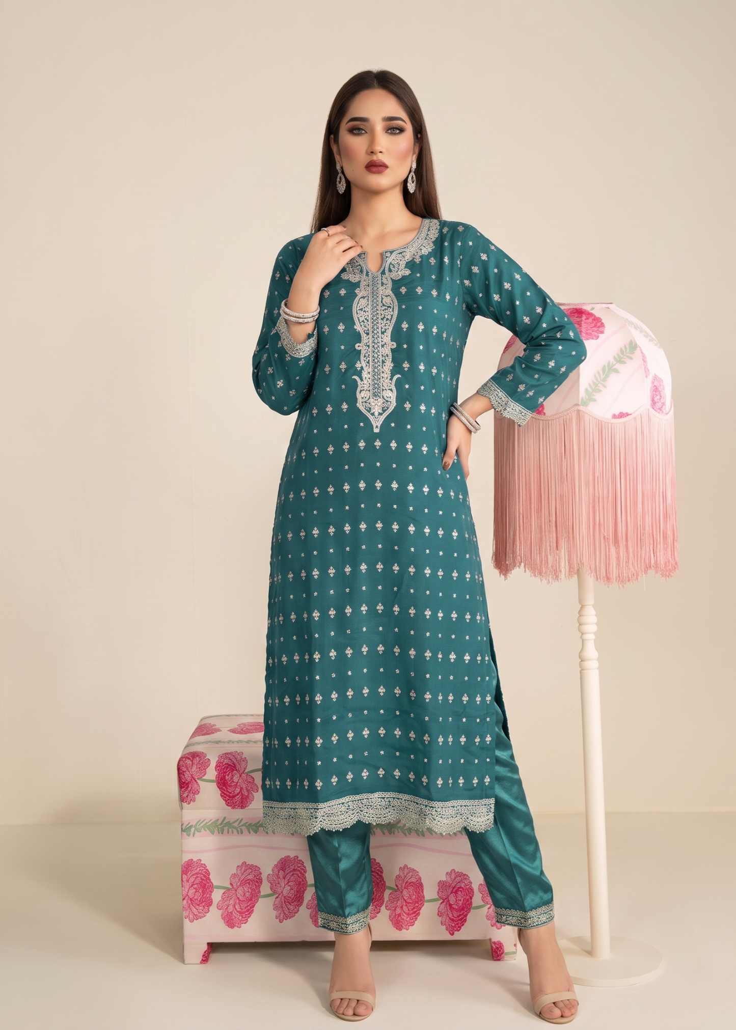 Ladies Embroidered Teal Raw Silk Trouser Suit Online in UK USA Canada