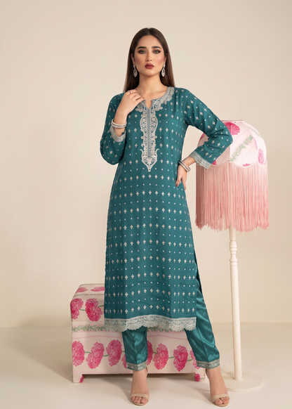 Ladies Embroidered Teal Raw Silk Trouser Suit Online in UK USA Canada