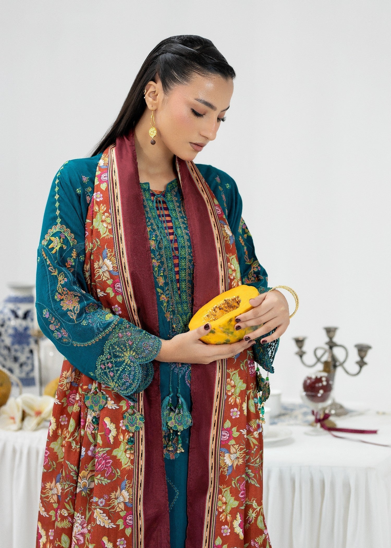 Ladies Embroidered Teal Silk Suit Online in UK USA Canada