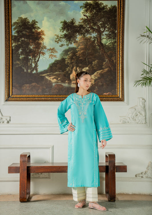Ladies Embroidered Turquoise Cotton Suit Online in UK USA Canada