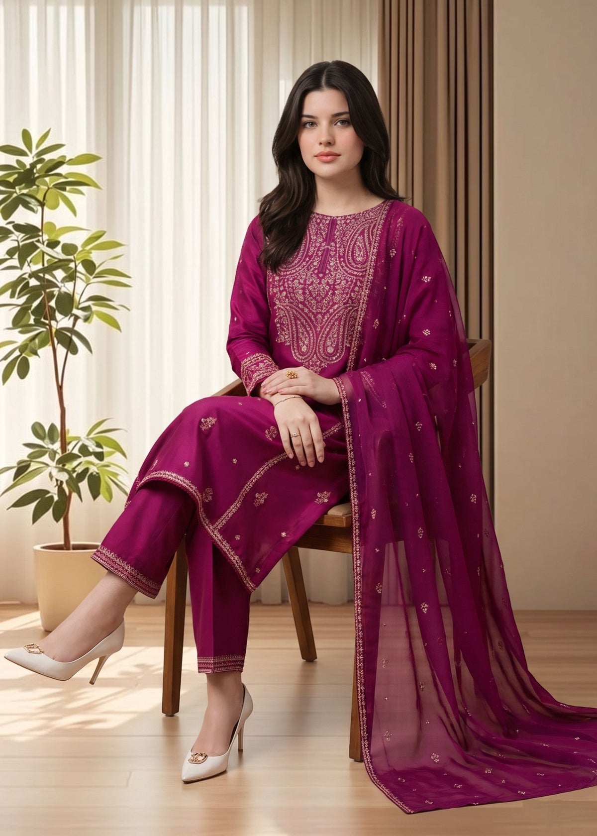 Ladies Embroidered Vivid Pink Cotton Shalwar Kameez Online in UK USA Canada