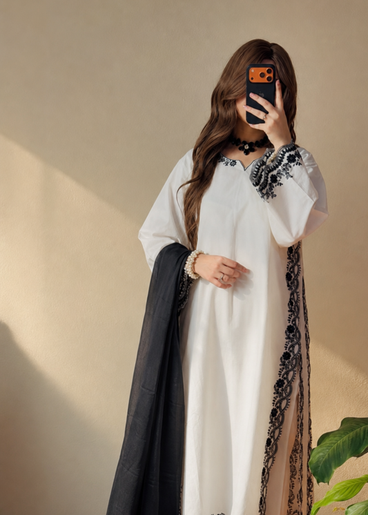 Ladies Embroidered White Chiffon Dupatta Suit Online in UK USA Canada