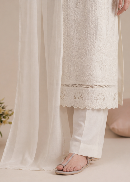 Ladies Embroidered White Lawn Kurta Set Online in UK USA Canada