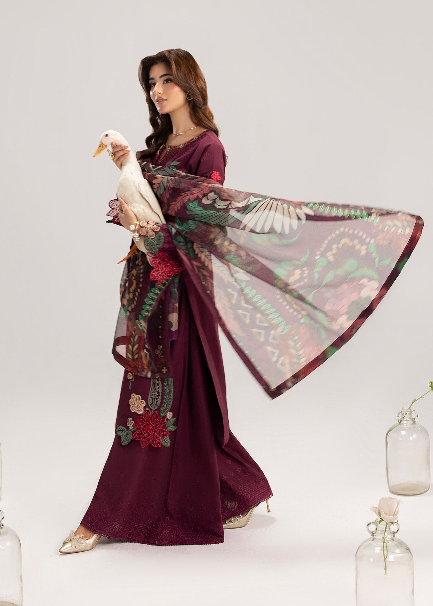 Ladies Embroidered Wine Lawn Festive Outfit Online in Sri Lanka India Australia