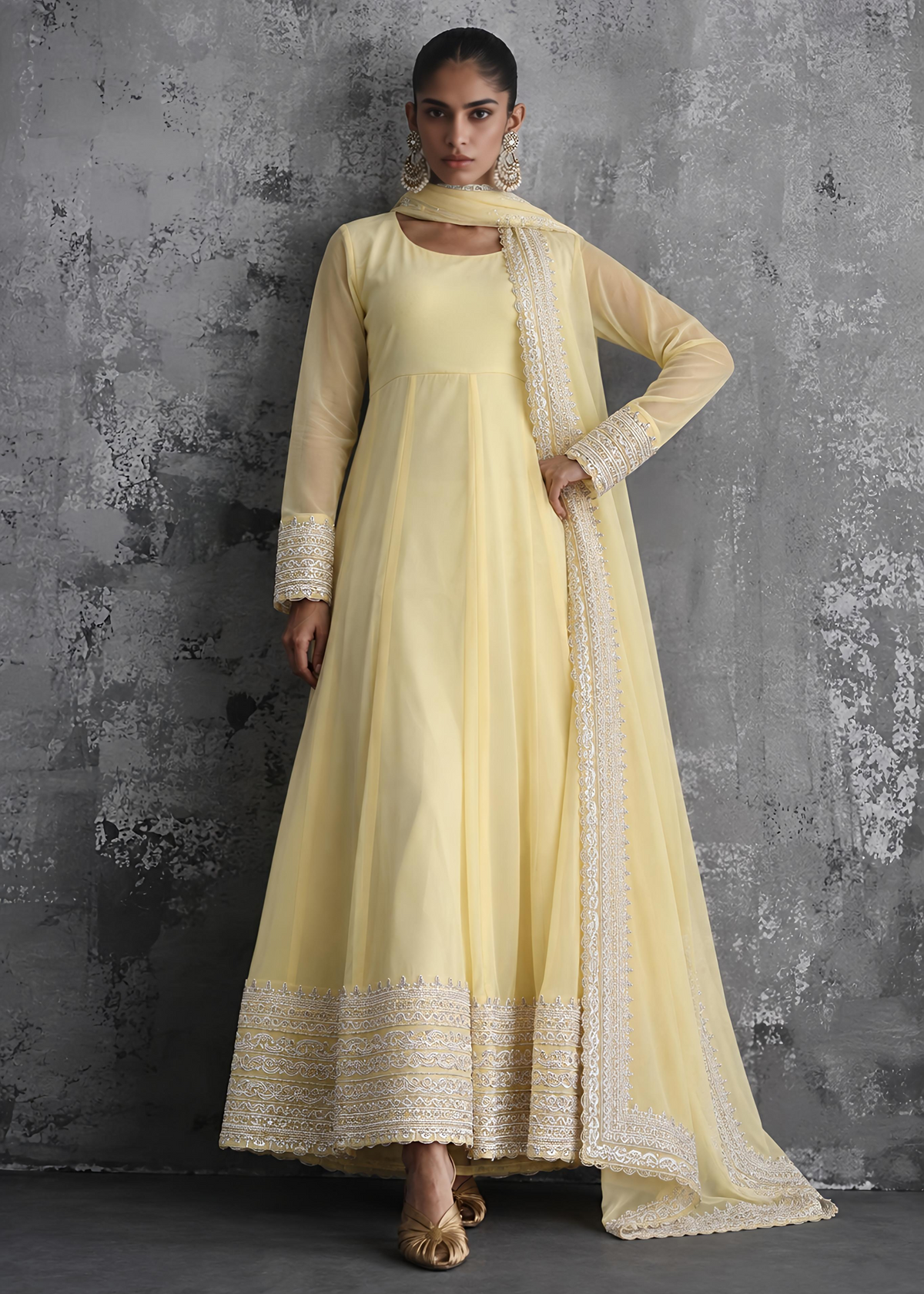 Ladies Embroidered Yellow Chiffon Partywear Suit Online in UK USA Canada