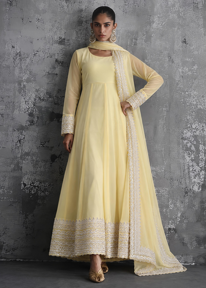 Ladies Embroidered Yellow Chiffon Partywear Suit Online in UK USA Canada