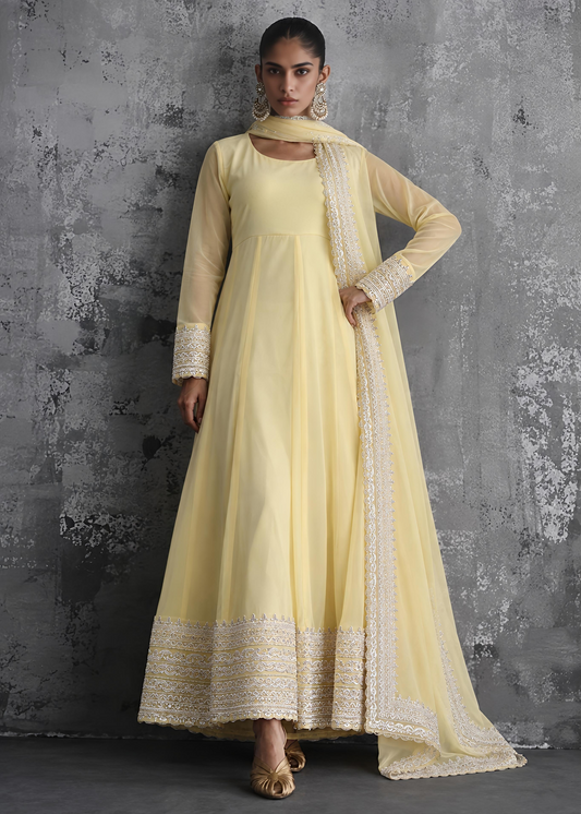 Ladies Embroidered Yellow Chiffon Partywear Suit Online in UK USA Canada