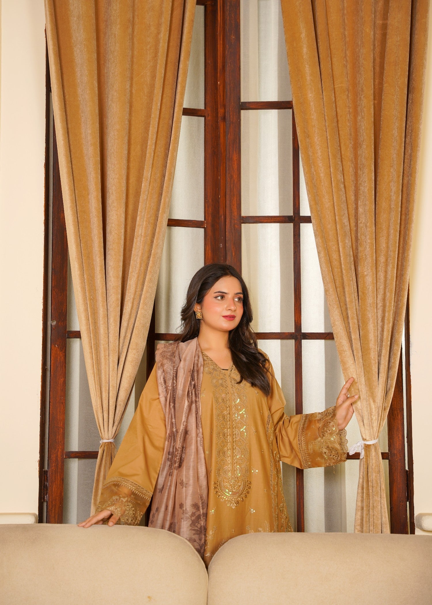Ladies Embroidered Yellow Ochre Shalwar Kameez Online in UK USA Canada